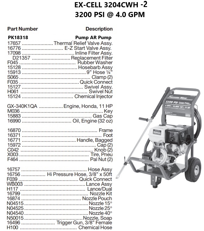 DEVILBISS model 3204CWH-2 power washer parts